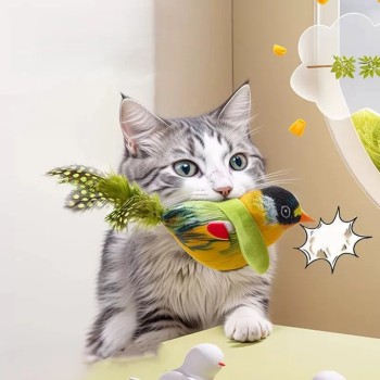 Fashion Bird Interactive Cat Toy Set Chirping Motion-Activated Flappy Bird with Catnip Soft Plush Feather Made of Durable Nylon